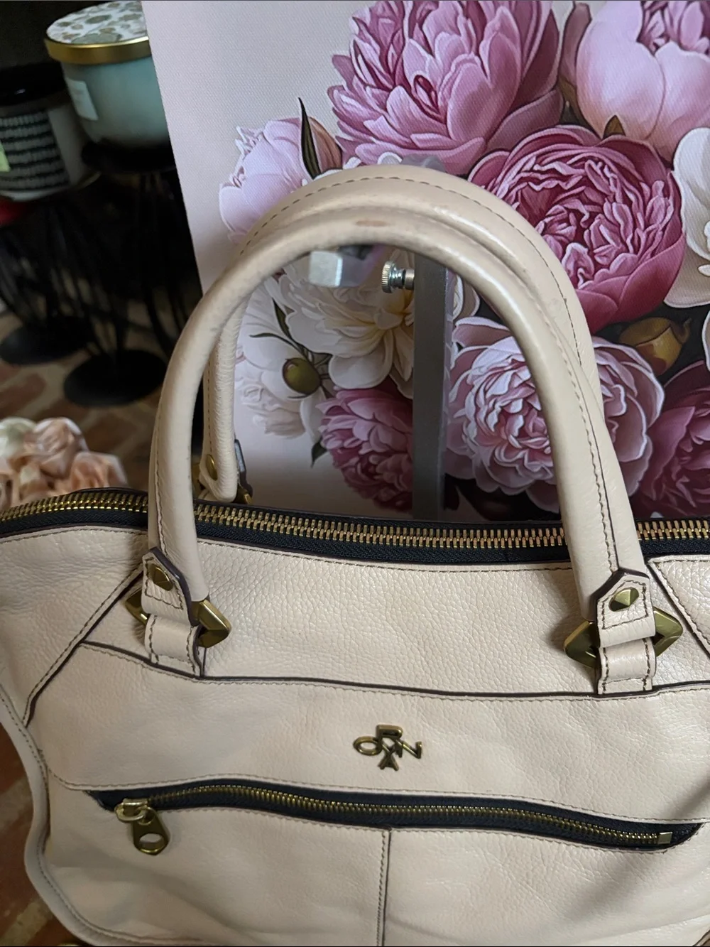 orYANY Cream Leather Shoulder Bag with Gold Hardware